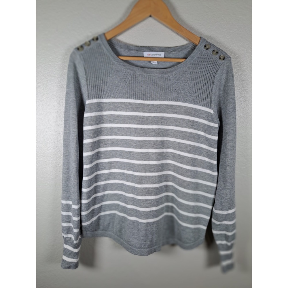 Liz Claiborne Gray White Striped Shoulder Button Sweater Womens Medium